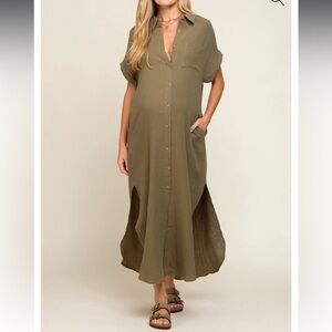 Olive Button Down Maternity Midi Dress, Large
